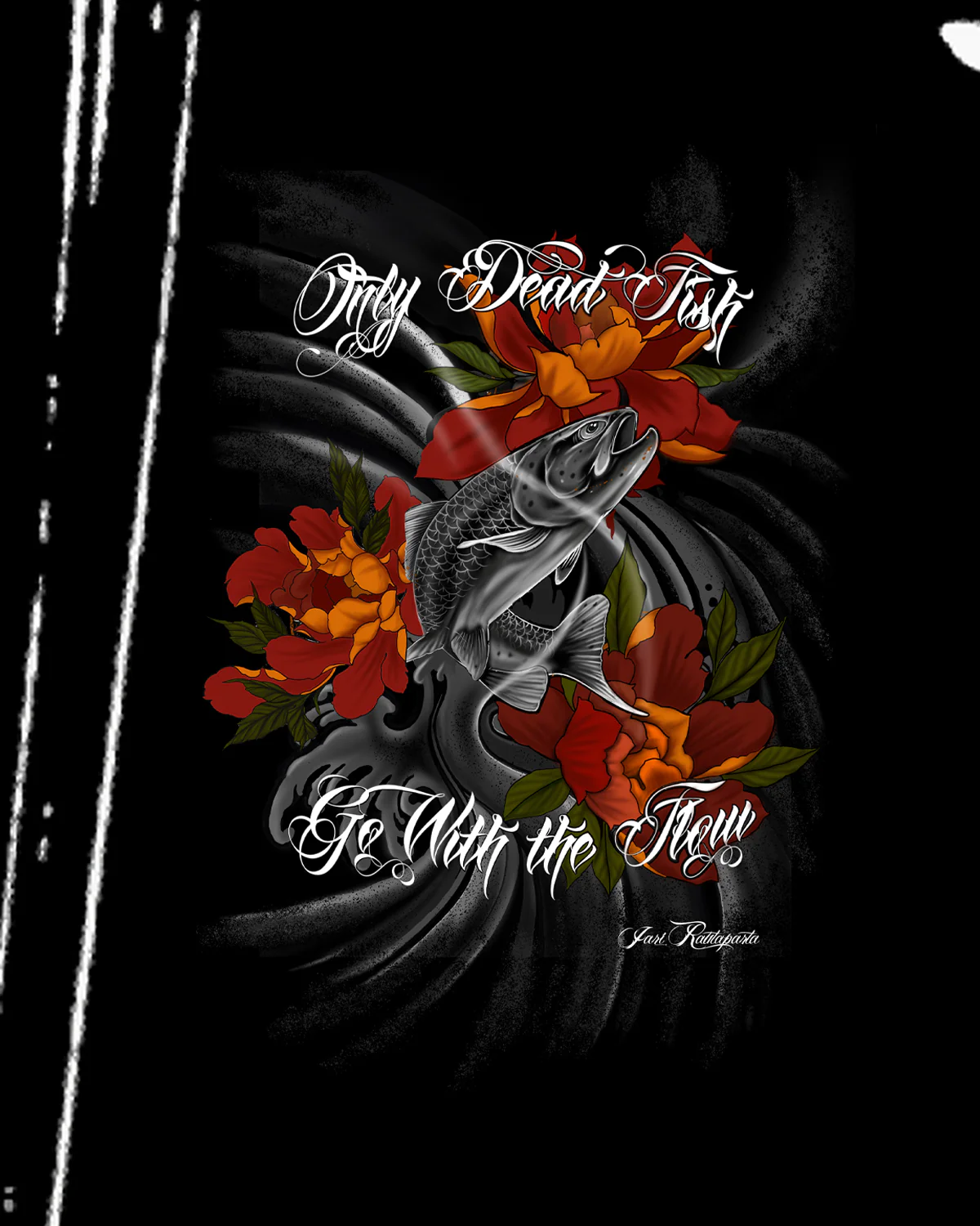 Only dead fish go with the flow t-paita - Musta - Image 3